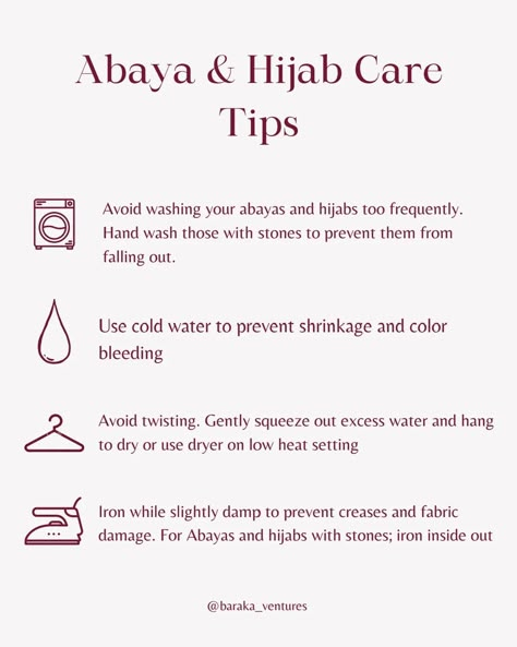 Just a few tips on how to take proper care of your Abayas and hijabs💕 . . . . . . #hijabfashion#hijabtips#abayatips#abayacare#helpfultips#laundrytips Proper Hijab, Islam Tips, Hijab Abaya, Abaya Hijab, Hijab Designs, Islam Beliefs, Lifestyle Content, Quotes From Novels