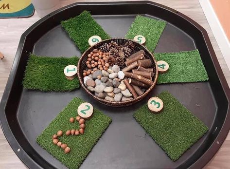 Outdoor Maths Ideas Eyfs, Tough Table Ideas, Eyfs Planning Ideas, Outdoor Maths Activities Eyfs, Early Morning Activities Eyfs, Outdoor Tuff Tray Ideas Eyfs Autumn, Eyfs Numeracy Activities, Camping Tuff Tray Ideas, Stickman Tuff Tray