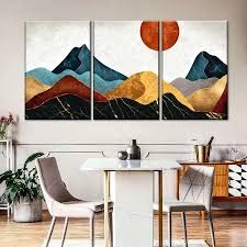 Teal Illustration, Sunset Over Mountains, Canvas For Home Decor, Illustration Mountain, Boho Canvas Art, Canvas Inspiration, Mountain Artwork, Blue Orange White, Mountain Canvas