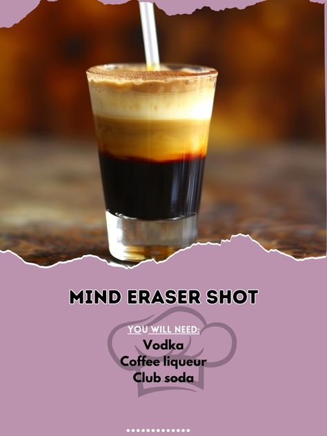 🧠 Experience the Mind Eraser Shot for a bold, layered taste! 🧠✨ #MindEraserShot #BoldShots Mind Eraser Shot Ingredients: Vodka (1 oz) Coffee liqueur (1 oz) Club soda (1 oz) Instructions: Layer vodka, coffee liqueur, and club soda in a shot glass. Drink through a straw. 🧠✨ Bold and layered, this shot is sure to impress! 🍹✨ #RecipeInspire #Cheers #PartyTime Coffee Vodka, Cocktail Party Food, Coffee Liqueur, Glass Drink, Club Soda, Party Recipes, Alcohol Recipes, Erasers, Mocktails