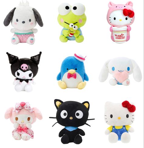 Hello Kitty Plushies Aesthetic, Hello Kitty Random, Plushies Hello Kitty, Hello Kitty Merch, Plushies Aesthetic, Hello Kitty Plushies, Baby Plushies, Tuxedo Sam, Plushies Cute