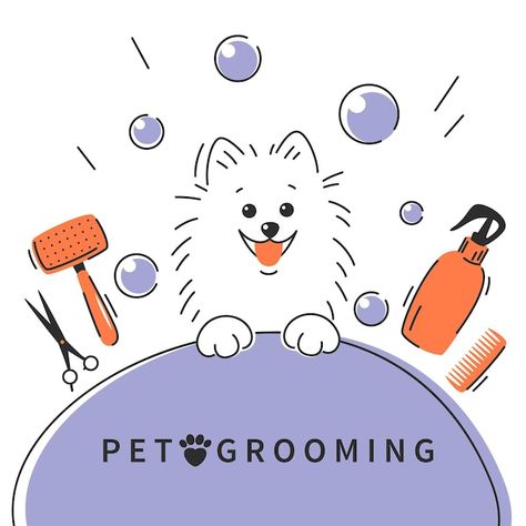 Pet Grooming Illustration, Dog Grooming Advertising Ideas, Dog Grooming Illustration, Dog Grooming Aesthetic, Dog Groomer Logo, Grooming Salon Logo, Pet Grooming Logo, German Spitz Dog, Pet Advertising