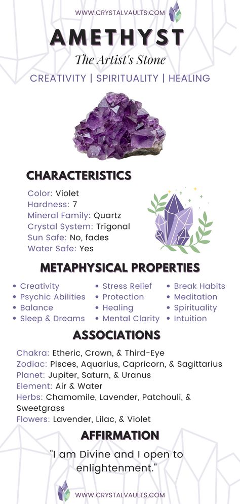 Amethyst Healing Properties Crystal Encyclopedia, Amethyst Healing Properties, Crystal Healing Chart, Crystal Guide, Crystals Healing Properties, Amethyst Healing, Spiritual Crystals, Gemstone Meanings, Crystal Therapy