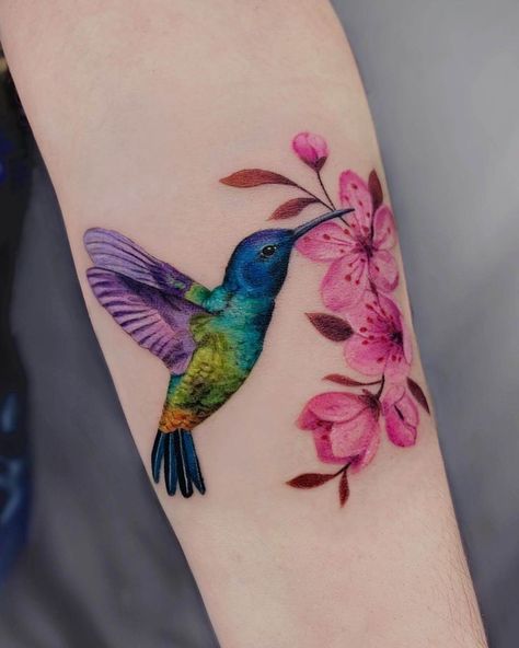 Hummingbird With Flower Tattoo, Watercolor Hummingbird Tattoo, Hummingbird Tattoo Watercolor, Colorful Hummingbird Tattoo, Favorite Tattoos, Colorful Hummingbird, Tattoo Watercolor, Watercolor Hummingbird, Hummingbird Tattoo