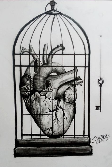 charcoal sketch #omkarkhochare Bird In A Cage Drawing Freedom, Heart Sketch Creative, Heart In A Cage, Heart Drawing Ideas, Cage Drawing, Romantic Sketches, Art Sketchbook Ideas Drawings, Sketchbook Ideas Drawings, Caged Heart