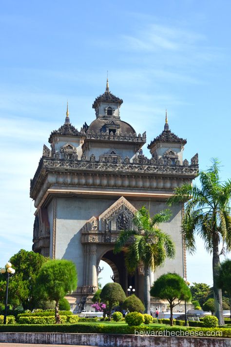 The imposing #Patuxay Monument in #Vientiane #Laos. - www.bewarethecheese.com #photography #travel #Asia #SouthEastAsia Laos Architecture, Laos Landscape, Laos City, Vientiane Laos, Vientiane, Famous Buildings, Travel Asia, Countries To Visit, Vacation Resorts