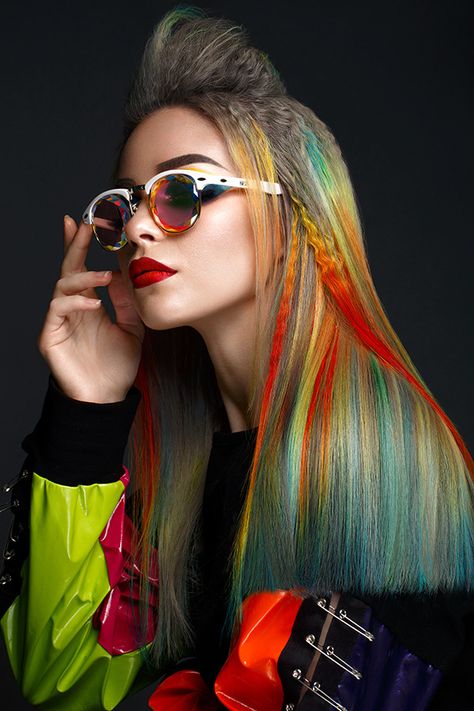 Unusual Hairstyles, Makeup Collage, Balloon Ceiling, Futuristic Sunglasses, Bob Hair Color, Shaved Side Hairstyles, Rainbow Hair Color, Hair Photography, Coloured Hair