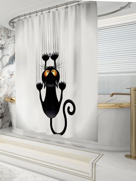 Cartoon Cat Print Shower Curtain | SHEIN EUR Unique Bathroom Decor, Extra Long Shower Curtain, Cat Shower Curtain, Funny Shower Curtains, Long Shower Curtains, Plastic Curtains, Bathtub Decor, Boho Shower Curtain, Bathroom Decor Sets