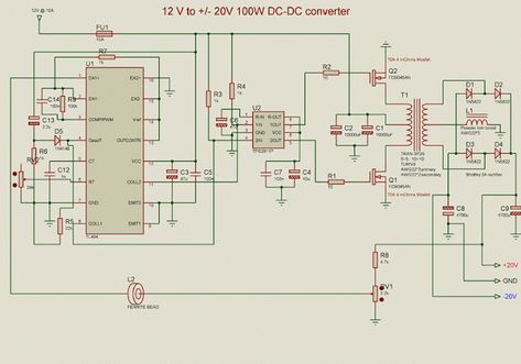 DC To DC Converter circuit used to be an convert  voltage DC to DC with different concepts. DC to DC converter circuit +12 V to + /-20V is working to change the battery voltage from 12V DC to 20V DC voltage symmetrical. Dc To Dc Converter Circuit Diagram, Amplificador 12v, Function Generator, Power Converters, Electronic Circuit Design, Power Supply Circuit, Electronic Projects, Hobby Electronics, Dc Dc Converter