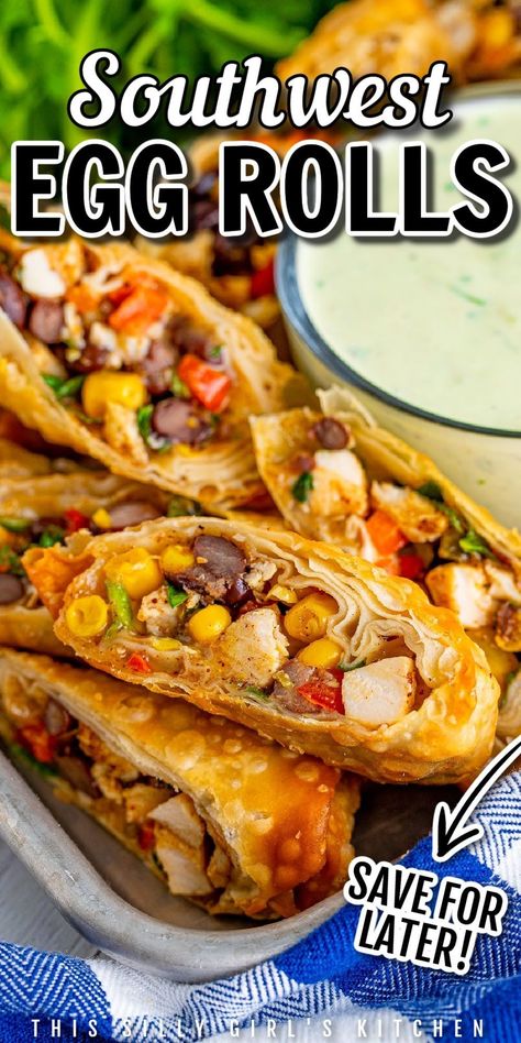 Southwest Eggrolls Recipe, Southwest Eggrolls, Southwest Egg Rolls, Southwestern Egg Rolls, Crispy Egg, Chicken Egg Rolls, Restaurant Copycat, Delicious Appetizers, Avocado Ranch