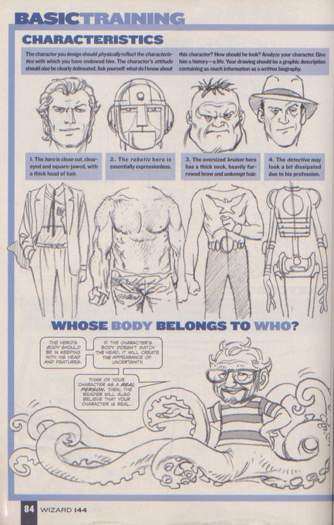 Scan from Wizard Magazine 144. Basic Training: Part 3 of 6 Joe Kubert shows how to draw characters p84. How To Draw Characters, Wizard Drawings, Figure Drawing Tutorial, Ink Drawing Techniques, Joe Kubert, Drawing Superheroes, Comic Book Drawing, Comic Tutorial, Comic Book Art Style