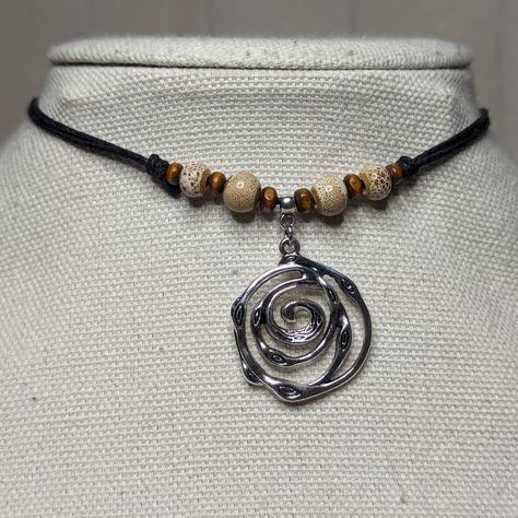 Brown Silver Swirl Spiral Ceramic Beaded Boho Hippie Whimsical Adjustable Black Rope Cord Choker Stacking Necklace Comes On An Adjustable Waxed Black Cord Necklace. Necklace Is Adjustable From Approximately 13" To 22". Spiral Accessories, Spiral Ceramic, Dream Person, Fun Necklaces, Stacking Necklace, Spiral Jewelry, Dream Items, Cord Choker, Clothing Board