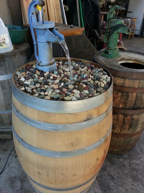 Wine Barrel Water Feature, Whiskey Barrel Fountain, Whiskey Barrel Decor, Barrel Fountain, Wine Barrel Decor, Wine Barrel Crafts, Whiskey Barrel Furniture, Barrel Projects, Barrel Decor