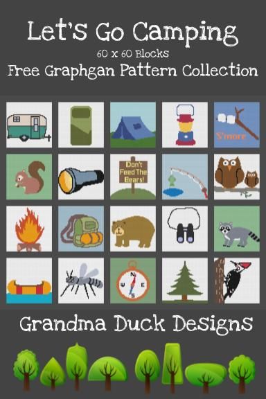 Free camping themed graphghan block set, each 60x60.  Includes camper, tent, lantern, smores, squirrel, flashlight, owls, fire, backpack, bear, raccoon, mosquito, pine tree, woodpecker, canoe, compass, bear and more!  Choose your favorite blocks and make a fun blanket for camping.  Perfect for scouts and those who love the great outdoors.  PDFs include full-color graphs and row-by-row instructions. C2c Camping Blanket, C2c Camper Blanket, Camping Quilt Blocks Free Pattern, Crochet Camping Blanket, Camp Crochet, Cross Stitch Camper, Crochet Camping, Camping Crochet, Camping Quilts