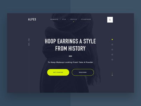 Alpes fashion blog splash page by Serhiy Ozhibko Blog Archive Page Design, Splash Page Design, Onboarding App, Company Website Design, Minimal Website Design, Hero Section, Screen Cards, Minimal Website, Ui Patterns