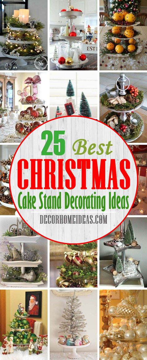 Christmas Decor Cake Stand, Cake Stand Christmas Decor, Cake Stand Decor Ideas, Christmas Dessert Display, Best Christmas Cake, Cake Stand Centerpiece, Christmas Cake Stand, Cake Stand Decor, Tinsel Christmas Tree