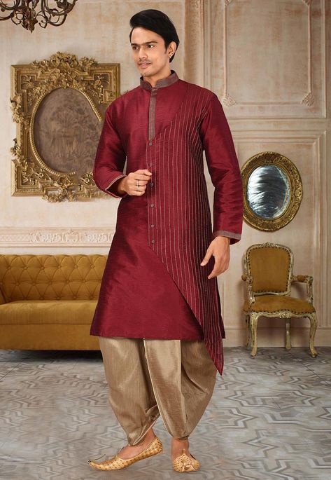 Readymade Art Silk Kurta in Maroon Allured with Buttons and Zari Work Available with an Art Dupion Silk Dhoti in Beige Do note: Footwear shown in the image is for presentation purposes only. Half to one inch may vary in measurement. (Slight variation in actual color vs. image is possible) Men Kurta Wedding, Red Kurta Men, Dhoti Sherwani, Dhoti Kurta, Mens Indian Wear, Wedding Kurta For Men, Kurta Pajama Men, Red Kurta, Kurta Men