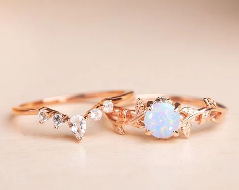 Dainty Engagement Ring Set, Opal Wedding Ring Set, White Opal Engagement Ring, White Gold Wedding Ring Set, Opal Wedding Ring, Opal Engagement Ring Set, Wedding Ring Sets Unique, Pink Morganite Engagement Ring, Dainty Engagement Rings