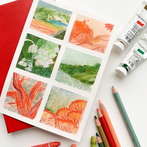 Katie Mai’s Instagram post: “six lil mini studies! 🌿 finally broke out my watercolor crayons/colored pencils to experiment with textures. i like them! it took a little…” Katie Mai, Grid Journaling, Watercolor Crayons, Cat Calendar, Art Pencil, Summer Inspo, All Art, Colored Pencils, Crayon