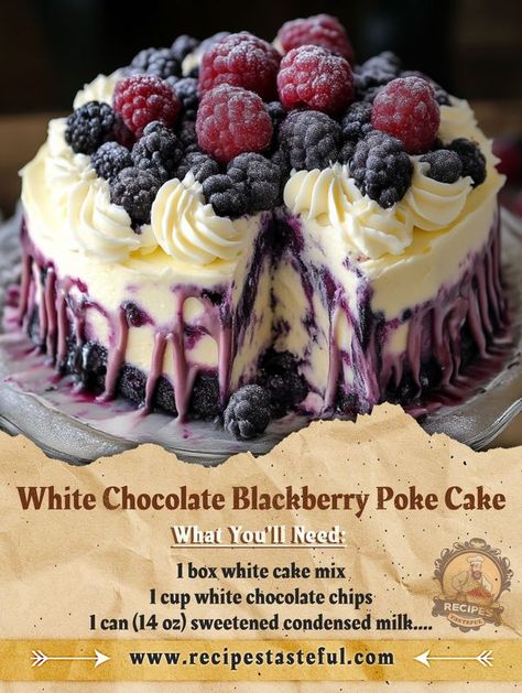 Tasteful Recipes | White Chocolate Blackberry Poke Cake 🍰 | Facebook Blackberry White Chocolate Cake, White Chocolate Blackberry Cake, White Chocolate Blueberry Cake, White Chocolate Blackberry Poke Cake, White Chocolate Poke Cake, Blackberry Poke Cake, White Chocolate Chips Recipes, Roll Desserts, Blackberry Cake Recipe