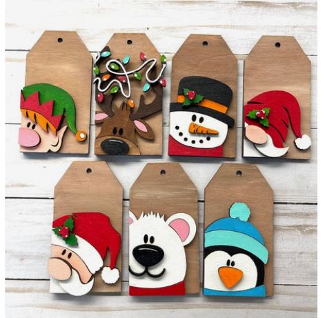 Gift Tag Ornaments Diy, Painted Wooden Gift Tags, Cute Christmas Gift Tags, Wood Gift Tags Diy, Christmas Stocking Tags Diy, Gift Card Ornaments, Wooden Gift Tags Christmas, Laser Cut Christmas Gifts, Painted Christmas Tags