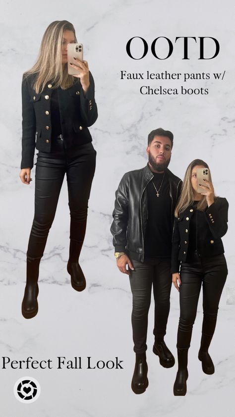 Fall/winter outfit | faux leather pants and black Chelsea boots for a monochromatic look Urban Revivo, Black Chelsea Boots, Faux Leather Pants, Fall Looks, Fall Winter Outfits, Winter Outfit, Women Long Sleeve, Chelsea Boots, Leather Pants