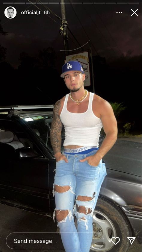 Jordan Torres @officialjt style - men style - men outfit - blue cap - white top - Calvin Klein blue male underwear boxer - torn denim pants Jordan Torres, Big Biceps, Swim Brief, Klein Blue, Social Media Influencer, White Tops, Denim Pants, On Tumblr, Fashion Models