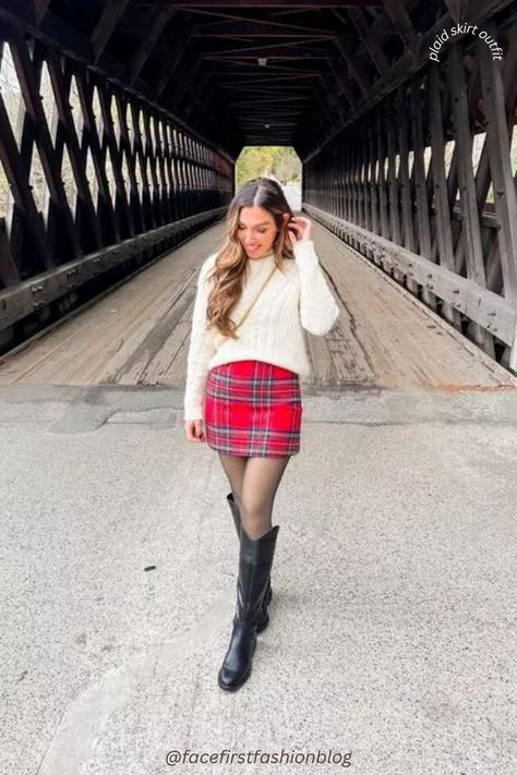 Red Plaid Skirt Outfit for Winter! Cold Weather Outfit. Red Plaid Outfits For Women, Plaid Outfits For Women, Red Plaid Skirt Outfit, Christmas Plaid Outfit, Plaid Mini Skirt Outfit, Red Plaid Outfit, Easy Crochet Hat Patterns, Plaid Skirt Outfit, Red Plaid Skirt