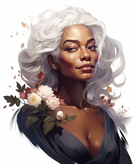 Older Black Female Character Design, Older Black Woman Art, Old Black Woman Art, Older Woman Drawing, Middle Aged Woman Art, Black Woman White Hair, Middle Aged Woman Character Design, Dark Skin White Hair Character Art, Old Woman Character Design