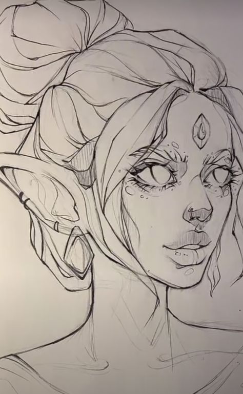 Elf Sketch Female, Elf Drawings Female, Elf Drawing Sketches, Oc Sketches Character Design, Elf Drawings, Face Art Drawing, Fairy Drawings, Drawing Cartoon Faces, Elf Art