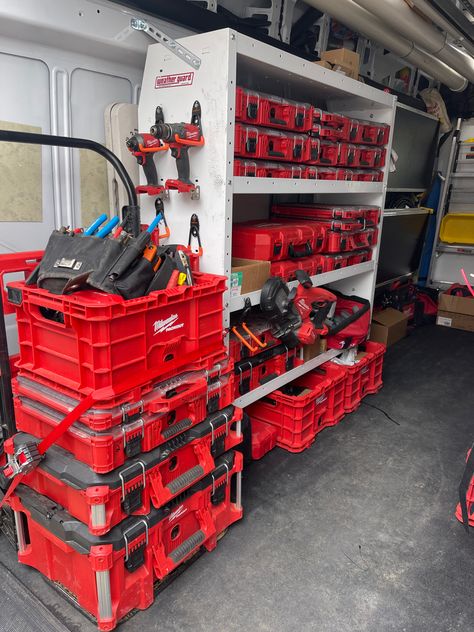 Hvac Van Organization, Milwaukee Packout Ideas Van, Electrician Van, Work Truck Organization, Work Truck Storage, Milwaukee Tool Box, Van Organization, Truck Organization, Trailer Organization