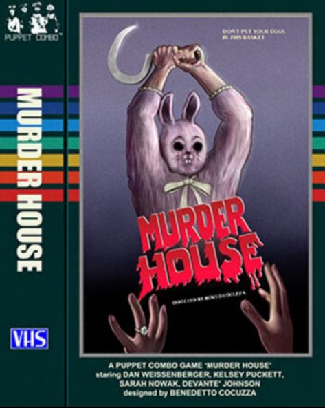 In this image is a picture of a person in a huge creepy bunny costume who is holding a knife like object and attacking someone. This character is the main murderer in the game Murder house. This is basically just a poster of that game. Puppet Combo, Video Game Backgrounds, House Games, Game Google, Japanese Horror, Slasher Movies, Alice Madness, Game Quotes, Horror Posters