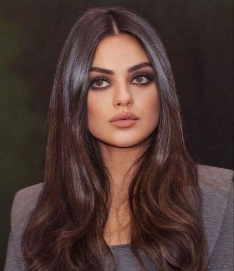 Mila Kunis Hair Color, Mila Kunis Hair, Brown Hair And Hazel Eyes, Dark Brown Hair Balayage, Plum Hair, Black Hair Balayage, Brown Hair Looks, Gorgeous Hair Color, Wedding Guest Hairstyles