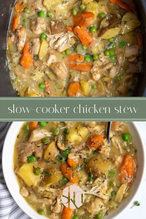 A creamy chicken stew without the cream, this hearty slow cooker chicken stew recipe is perfect for a cold day. Slow Cooker Recipes Chicken Stew, Famous Crockpot Recipes, Chicken And Kale Crockpot Recipes, No Dairy Slow Cooker Recipes, Slow Cooker Pot Pie Chicken, Crockpot Hearty Soup Recipes, One Dish Chicken Recipes, Crockpot Recipes Chicken Stew, Crock Pot Chicken Stew Slow Cooker