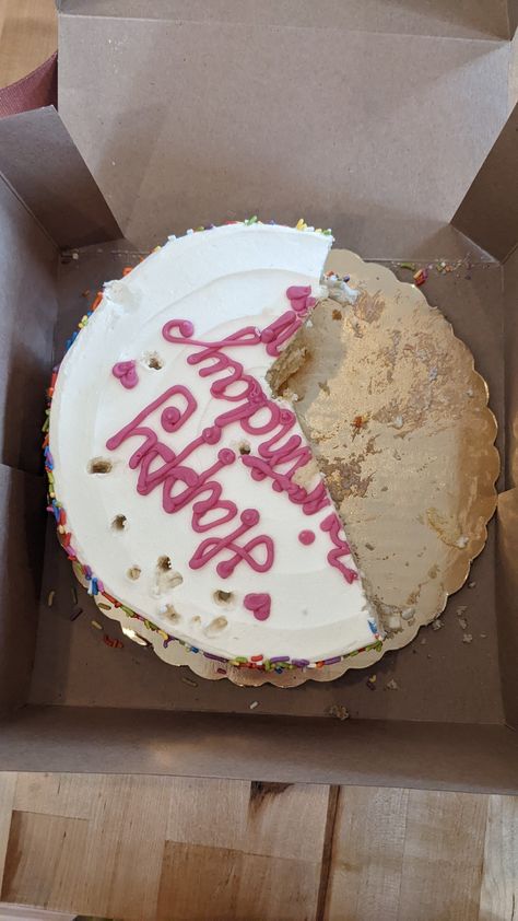 Cake half eaten pink writing white frosting sprinkles fun colorful happy birthday Eaten Cake Aesthetic, Half Eaten Cake, Celebration Aesthetic, Whole Foods Cake, Sprinkles Birthday Party, 17 Birthday Cake, 20 Birthday Cake, Cake Happy Birthday, Awkward Photos