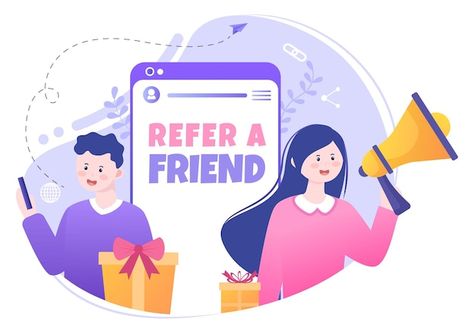 Refer a friend flat design illustration ... | Premium Vector #Freepik #vector #referral-program #affiliate-program #referral #refer-earn Refer A Friend Illustration, Refer A Friend Poster, Refer And Earn Poster, Refer A Friend Promotion Design, Program Poster, Program Icon, Refer And Earn, Internet Icon, Types Of Social Media