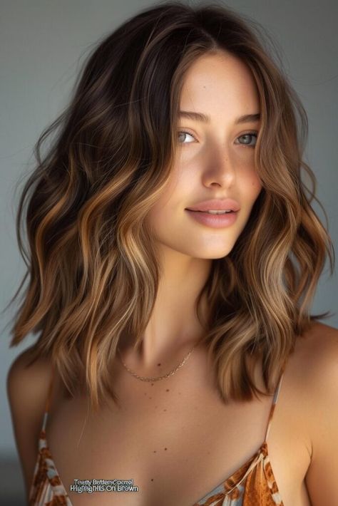 Butterscotch Highlights, Copper Highlights On Brown Hair, Brown Strands, Caramel Highlights On Brown Hair, Highlights On Brown Hair, Gold Balayage, Caramel Ombre, Money Pieces, Brown Hair With Caramel Highlights