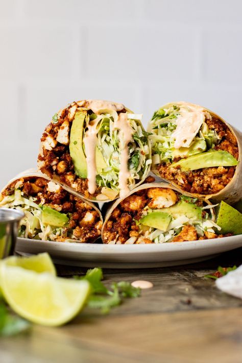 Sheet Pan Tofu Burritos - This Savory Vegan Pan Tofu, Plant Based Mexican, Chipotle Tofu, Vegan Chipotle, Vegan Burrito, Chipotle Mayo, Shredded Cabbage, Crispy Tofu, Vegan Mexican