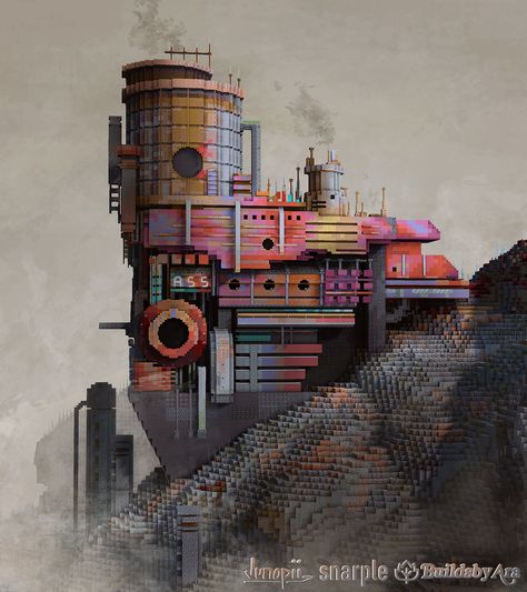 Minecraft build of a colorful, dystopian themed factory in the wasteland on a steep hill Industrial Building Design, Minecraft Steampunk, Discord Link, Minecraft City Buildings, Minecraft Interior Design, Minecraft House Plans, Build Inspiration, All Minecraft, Minecraft City