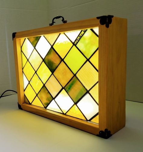 Stained Glass Wood Frame, Stained Glass Wood, Stained Glass Light, Glass Creations, Stained Glass Panel, Glass Projects, Glass Light, Yellow Plaid, Glass Panel