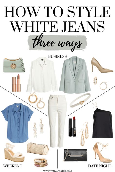 How to style white jeans three ways. #styletip #whitejeans Ways To Style White Jeans, Trendy White Denim Jeans, White Stretch Jeans For Everyday, Chic Fitted White Jeans, Everyday White Denim Jeans, Chic White Non-stretch Jeans, Put On, Fashion Advice, Latest Fashion