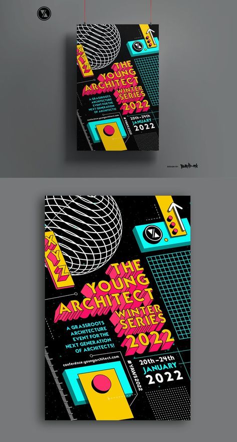 Bright and colorful poster design inspired by galactic architects. Design by borelli-ink. Hackathon Poster, Colorful Poster Design, Triangular Architecture, Recruitment Poster Design, Geometric Poster Design, Football Logo Design, Signature Logo Design, Typo Design, Digital Art Poster