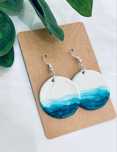 Polymer Clay Painted Earrings, Alcohol Ink Polymer Clay Earrings, Hand Painted Clay Earrings, Alcohol Ink Earrings, Painting On Polymer Clay, Clay Ocean, Alcohol Ink Jewelry, Ceramic Accessory, Ocean Earrings