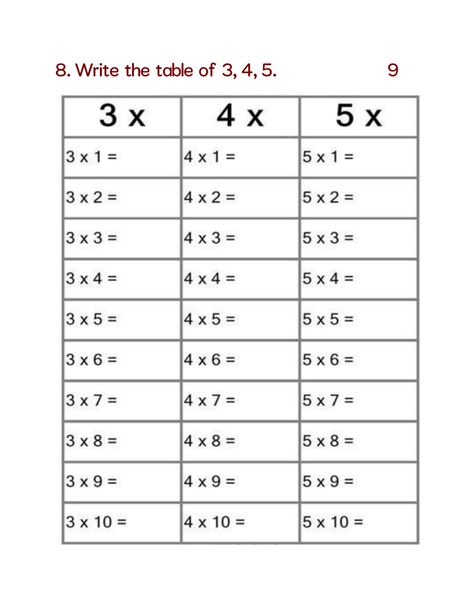 Kids Maths test worksheet
Table  of 3 ,4,& 5 Table Of 3 Worksheet, Multiplication Table Worksheet Grade 3, Table Of 4 Worksheet, Preschool Math Printables, Free Printable Multiplication Worksheets, Table Worksheet, Monday Couple, Printable Multiplication Worksheets, Math Multiplication Worksheets