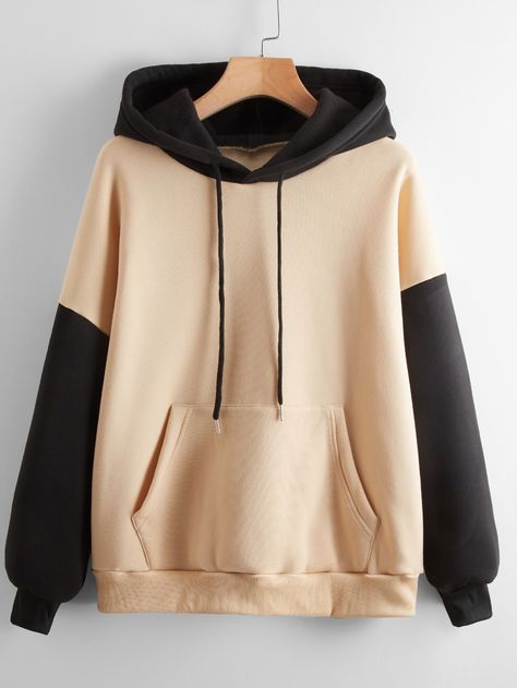 Khaki Casual  Long Sleeve Polyester Colorblock Pullovers Embellished Slight Stretch Spring/Fall Women Sweatshirts Korean Hoodie, Patchwork Top, Matching Sweatshirts, Lined Hoodie, Pocket Hoodie, Swimwear Bottoms, Winter Hoodies, Pull Sweat, Women Hoodies Sweatshirts