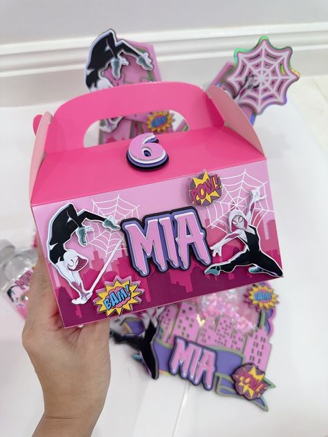 Gwen Stacey Spidergirl 3D Favour Box | Personalised Lolly Box | Birthday Cake Topper | party boxes | favours Spidergirl Birthday Party, Box Birthday Cake, Spiderman Girl, Spiderman Theme, Party Boxes, Spiderman Birthday Party, Ghost Spider, Spiderman Party, Spiderman Birthday