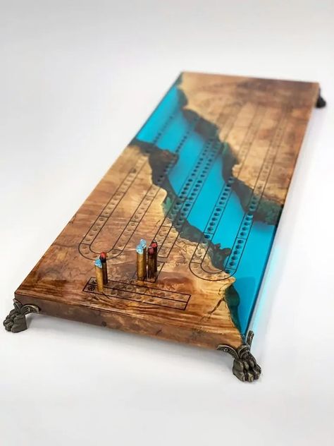 Resin Cribbage Board, Rock Crafts Diy, Cnc Machine Projects, Custom Cribbage Board, Resin And Wood Diy, Wooden Box Designs, Wood Resin Table, Wood Art Diy, Unique Furniture Design