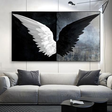 Black And White Angel Wings, Diy Embroidery Art, Living Room Canvas Painting, White Angel Wings, Nordic Wall Art, Wall Canvas Painting, Scandinavian Wall Art, Room Canvas, Scandinavian Wall