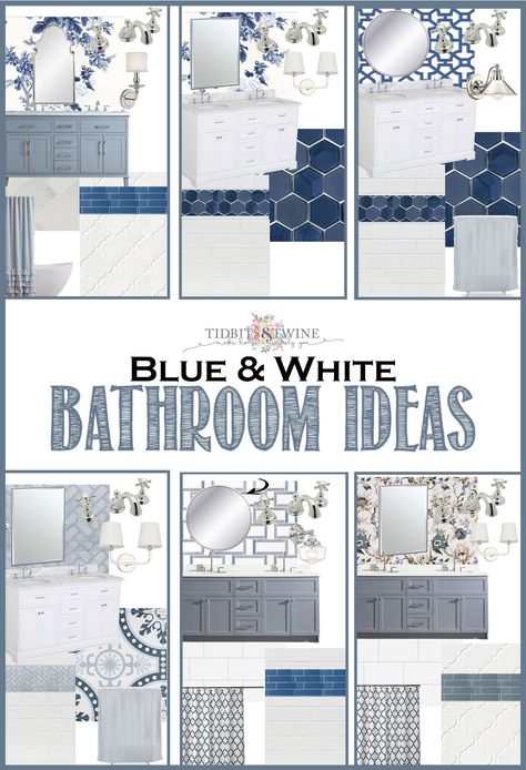 Blue And White Small Bathroom, Blue And White Bathroom Ideas, Teen Bathroom Ideas, Christmas Bathroom Ideas, Blue White Bathrooms, Living Room Coffee Table Decor, Bathroom Christmas Decor, White Shower Tile, Bathroom Tiles Design Ideas