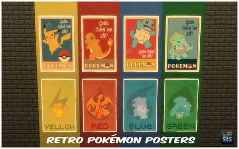 Retro Pokémon Posters – Sims 4 Pokemon Decor, Green Pokemon, Pokemon Painting, Pokemon Red Blue, Sims Packs, Pokemon Poster, Pokemon Clothes, Sims 4 Bedroom, Sims 4 Cc Folder